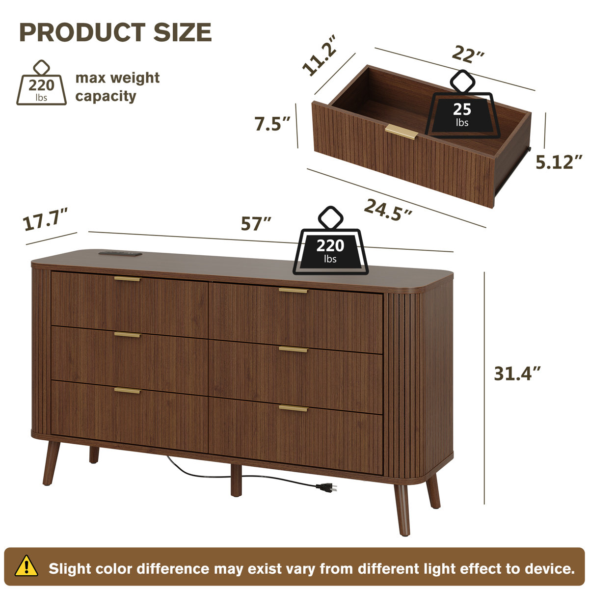 George Oliver 57 Wide Fluted 6 Drawer Double Dresser with Charging Station & Reviews